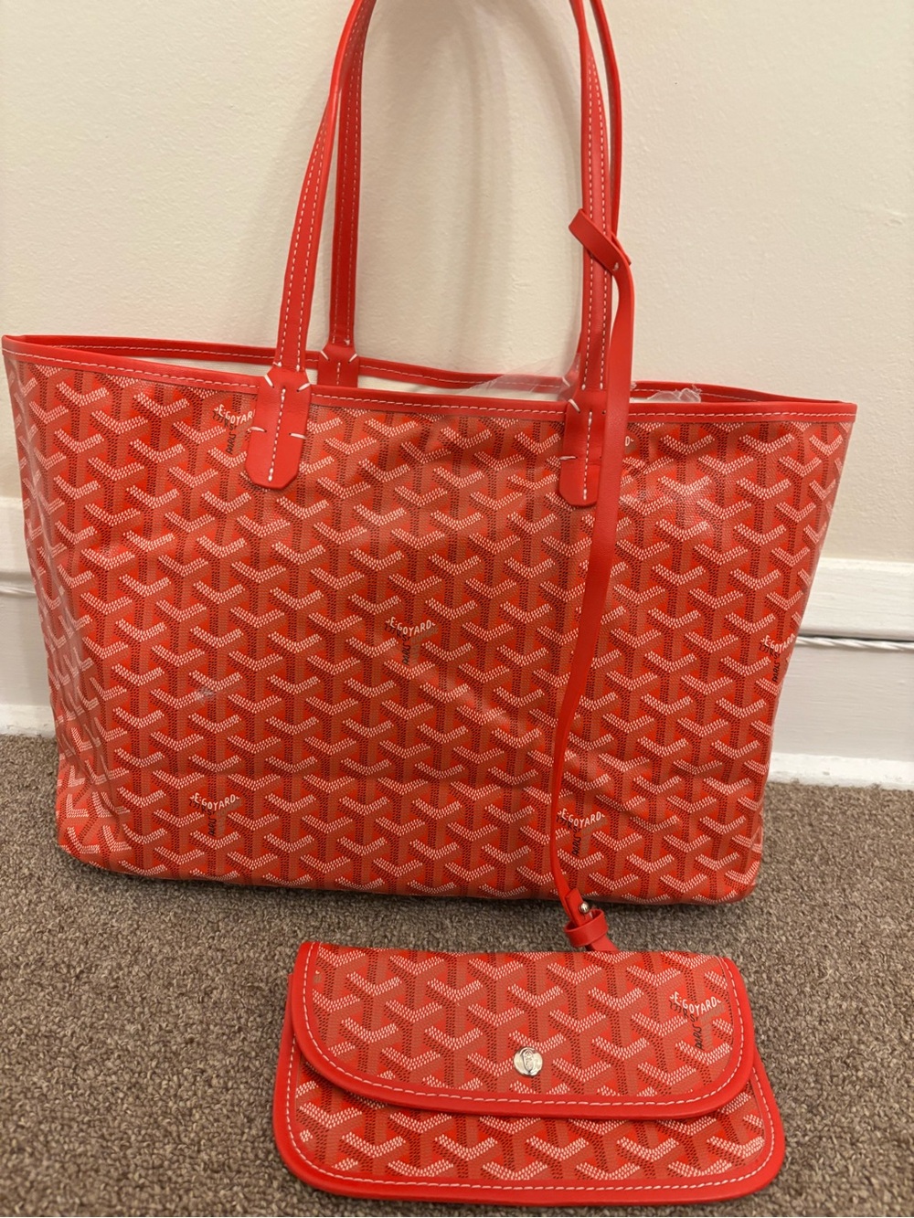 Red Patterned Tote with Matching Pouch - Designer-Inspired